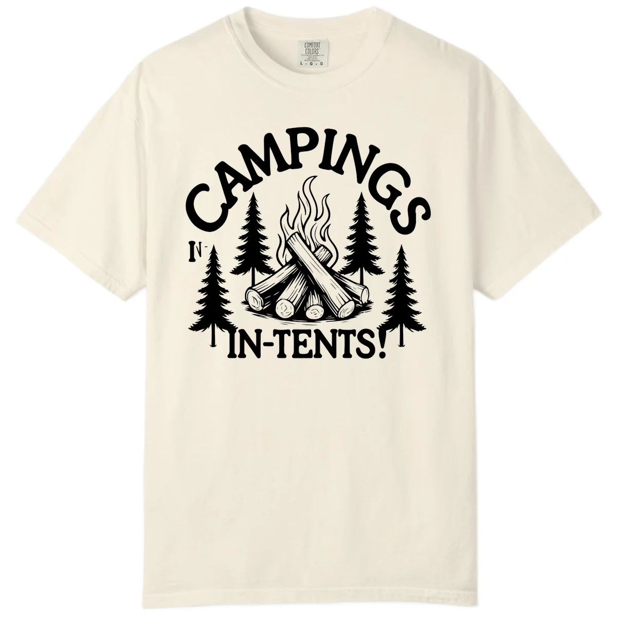 Camping in tents pun design with campfire, logs, flames, and evergreen trees in white on gray background in Ivory