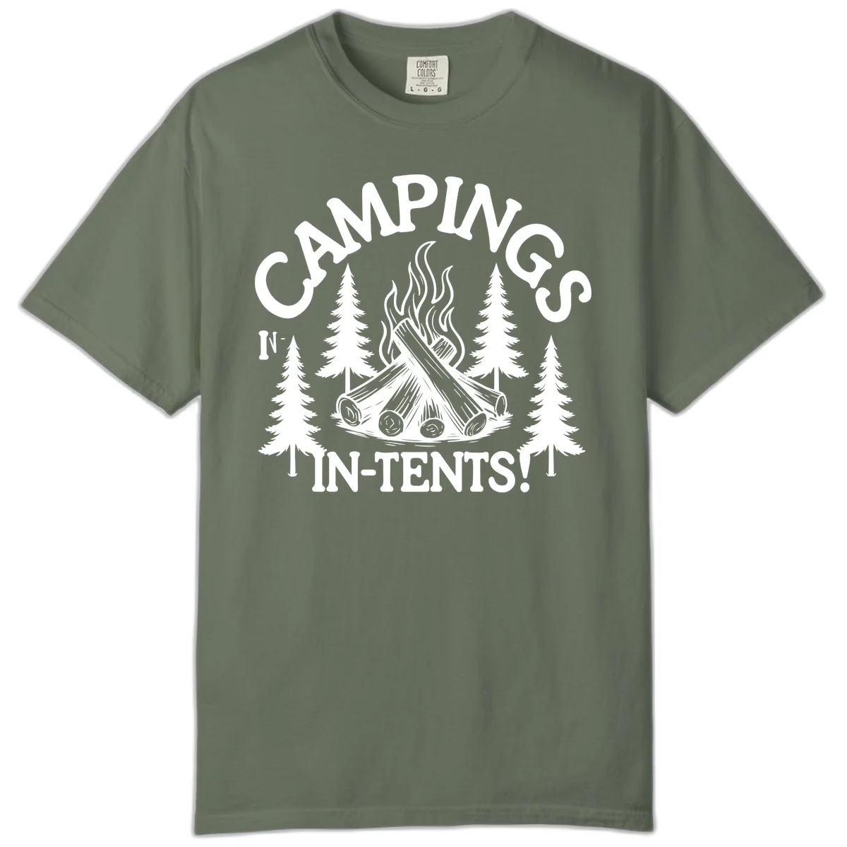 Camping in tents pun design with campfire, logs, flames, and evergreen trees in white on gray background in Moss