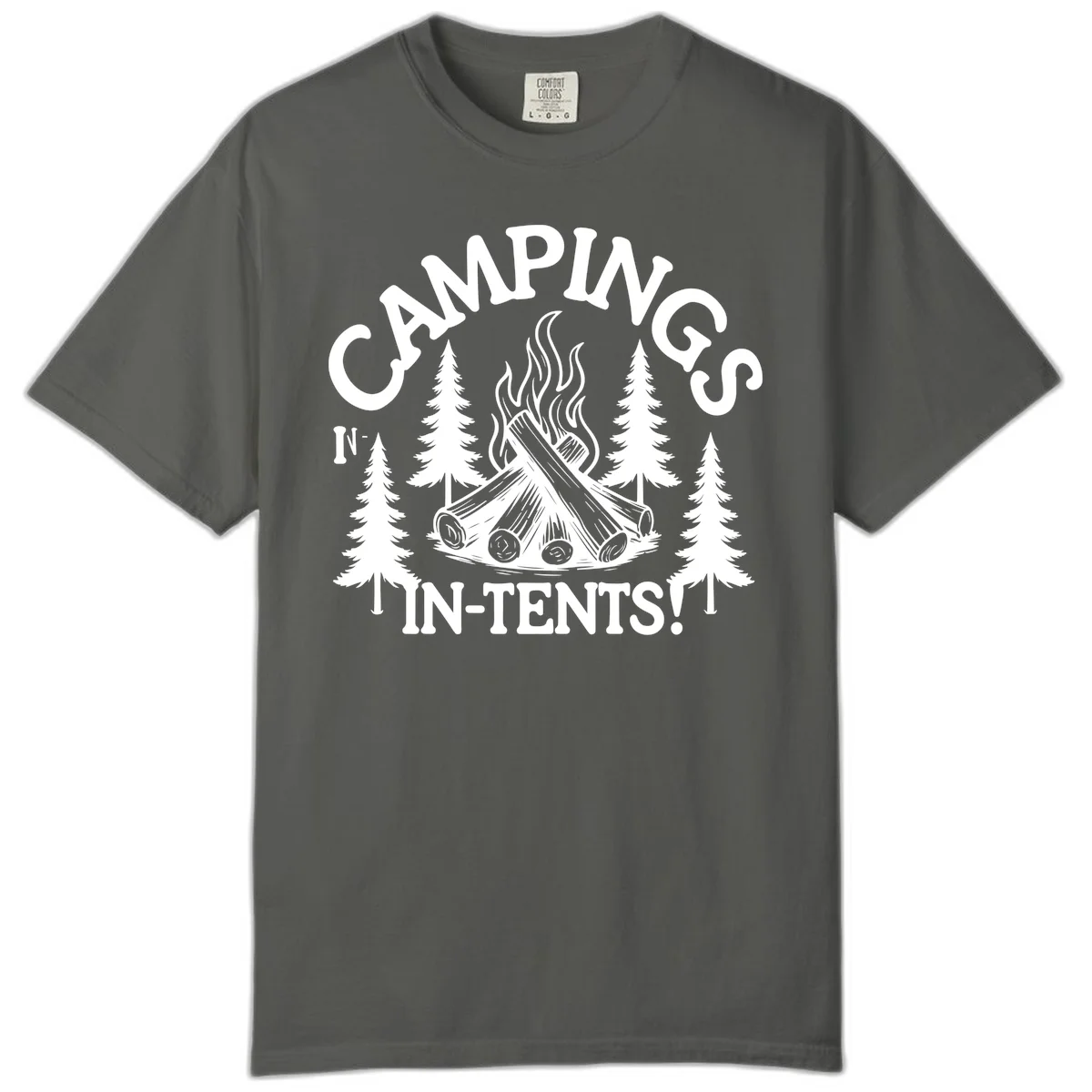 Camping in tents pun design with campfire, logs, flames, and evergreen trees in white on gray background in Pepper