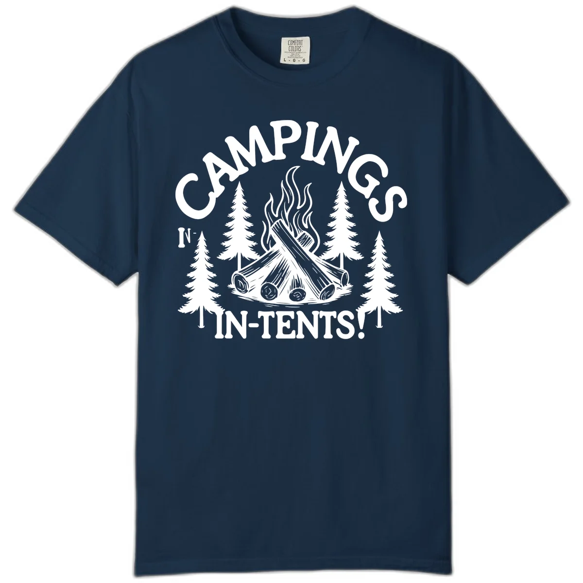 Camping in tents pun design with campfire, logs, flames, and evergreen trees in white on gray background in True Navy