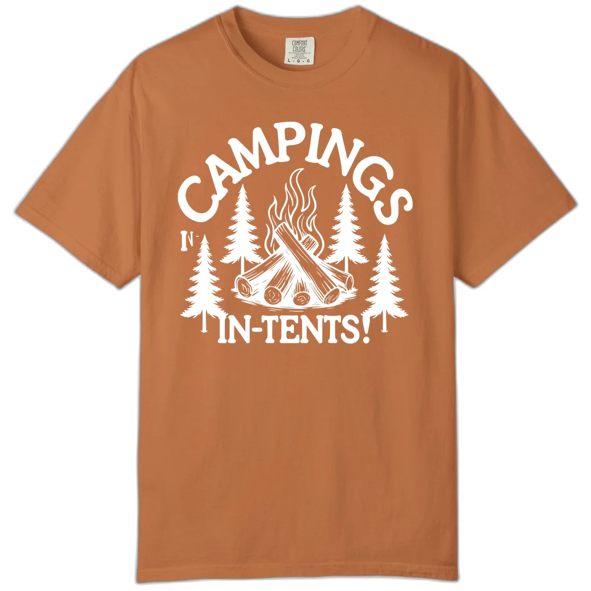 Camping in tents pun design with campfire, logs, flames, and evergreen trees in white on gray background in Yam