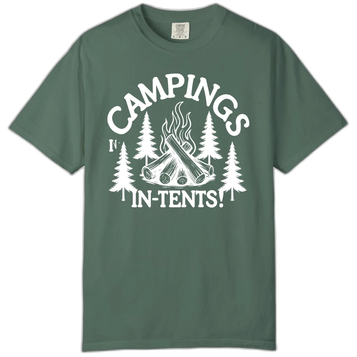 Camping in tents pun design with campfire, logs, flames, and evergreen trees in white on gray background in Blue Spruce