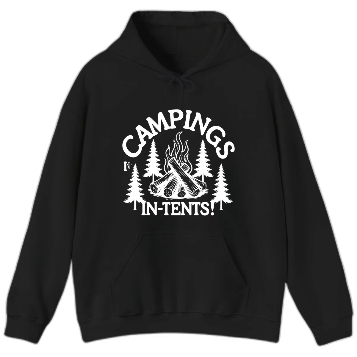 Camping in tents pun design with campfire, logs, flames, and evergreen trees in white on gray background in Black