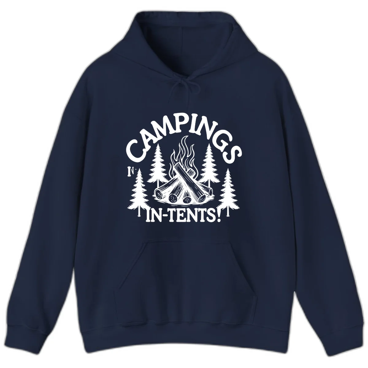 Camping in tents pun design with campfire, logs, flames, and evergreen trees in white on gray background in Navy