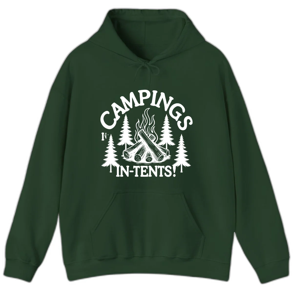 Camping in tents pun design with campfire, logs, flames, and evergreen trees in white on gray background in Forest Green
