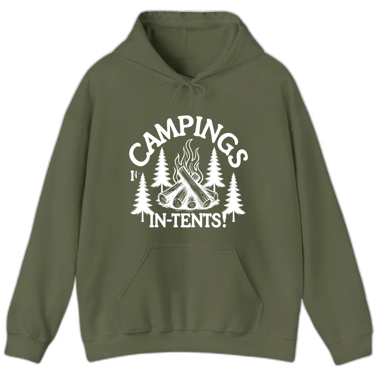 Camping in tents pun design with campfire, logs, flames, and evergreen trees in white on gray background in Military Green