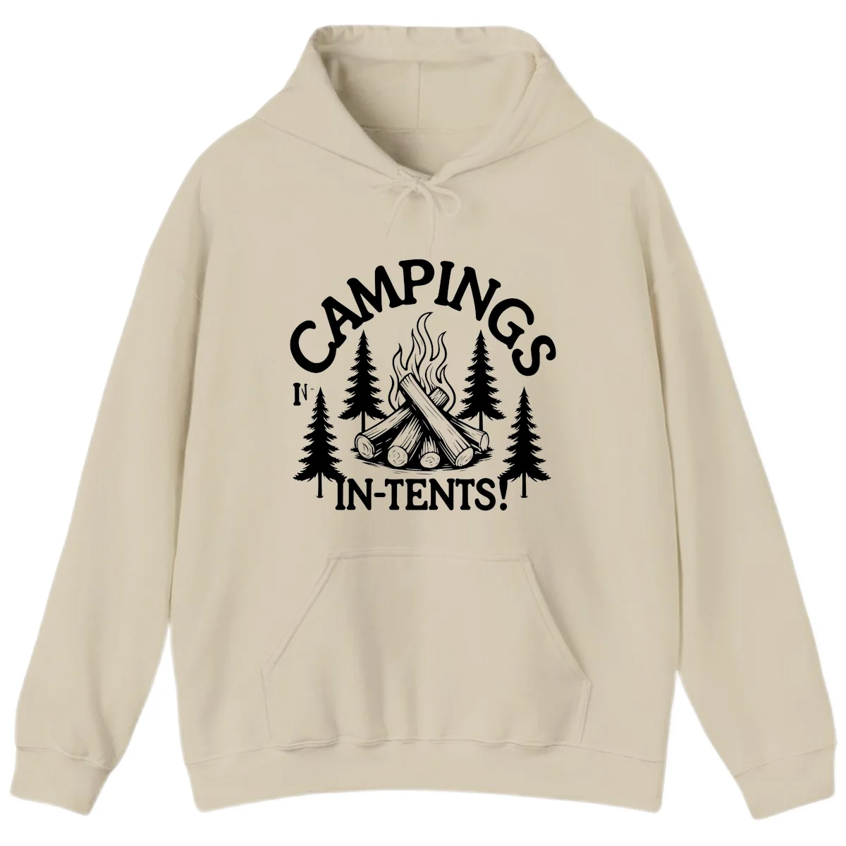 Camping in tents pun design with campfire, logs, flames, and evergreen trees in white on gray background in Sand