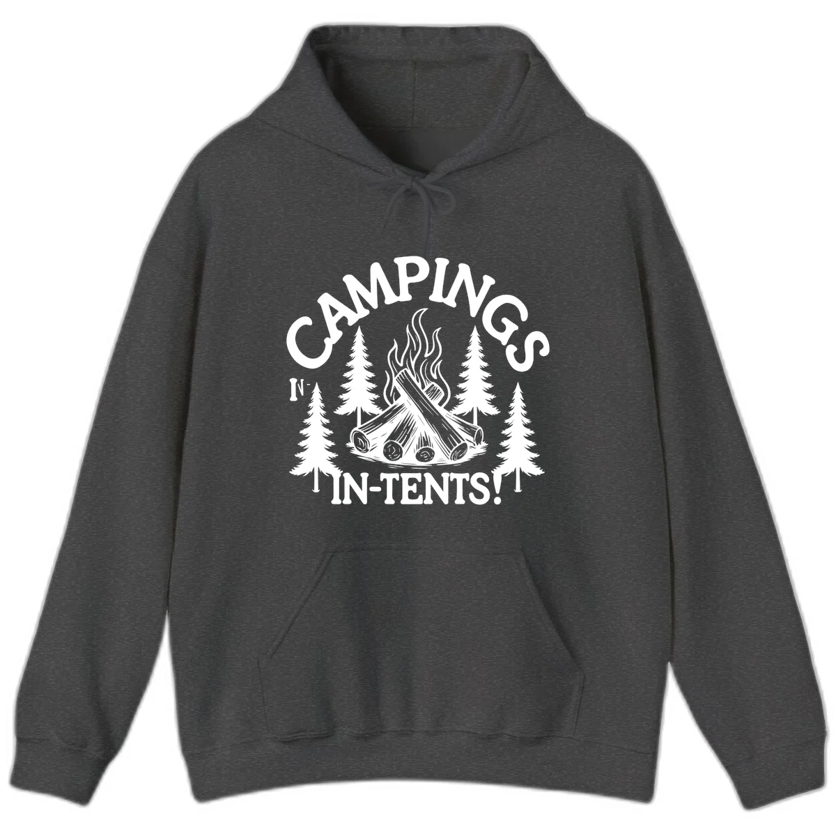 Camping in tents pun design with campfire, logs, flames, and evergreen trees in white on gray background in Dark Heather