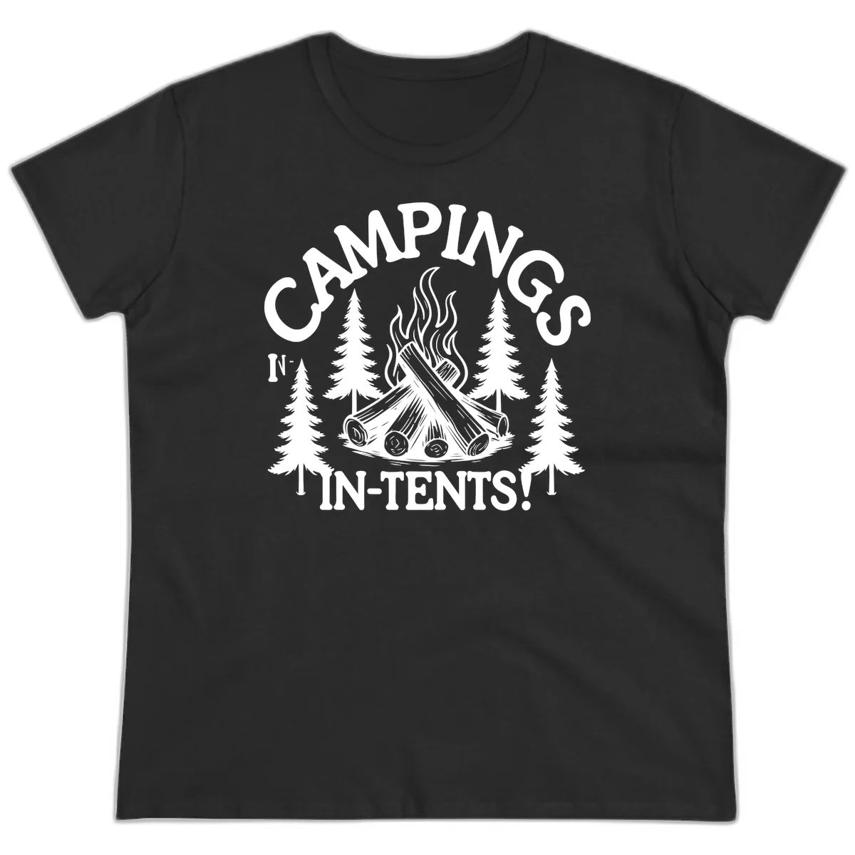 Camping in tents pun design with campfire, logs, flames, and evergreen trees in white on gray background in Black