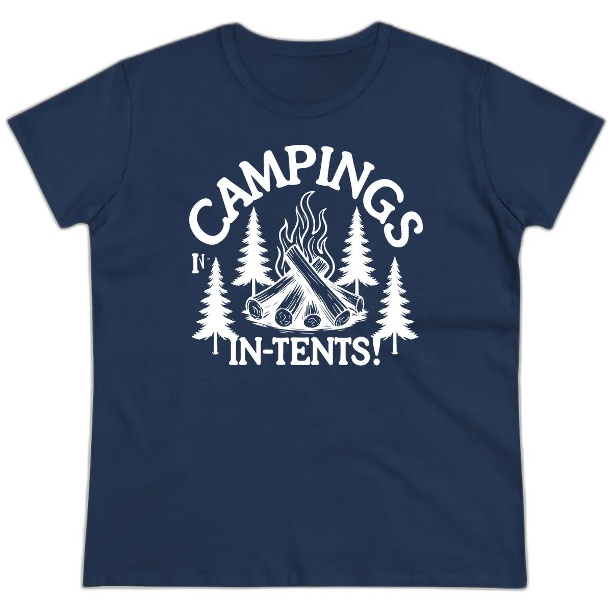 Camping in tents pun design with campfire, logs, flames, and evergreen trees in white on gray background in Navy