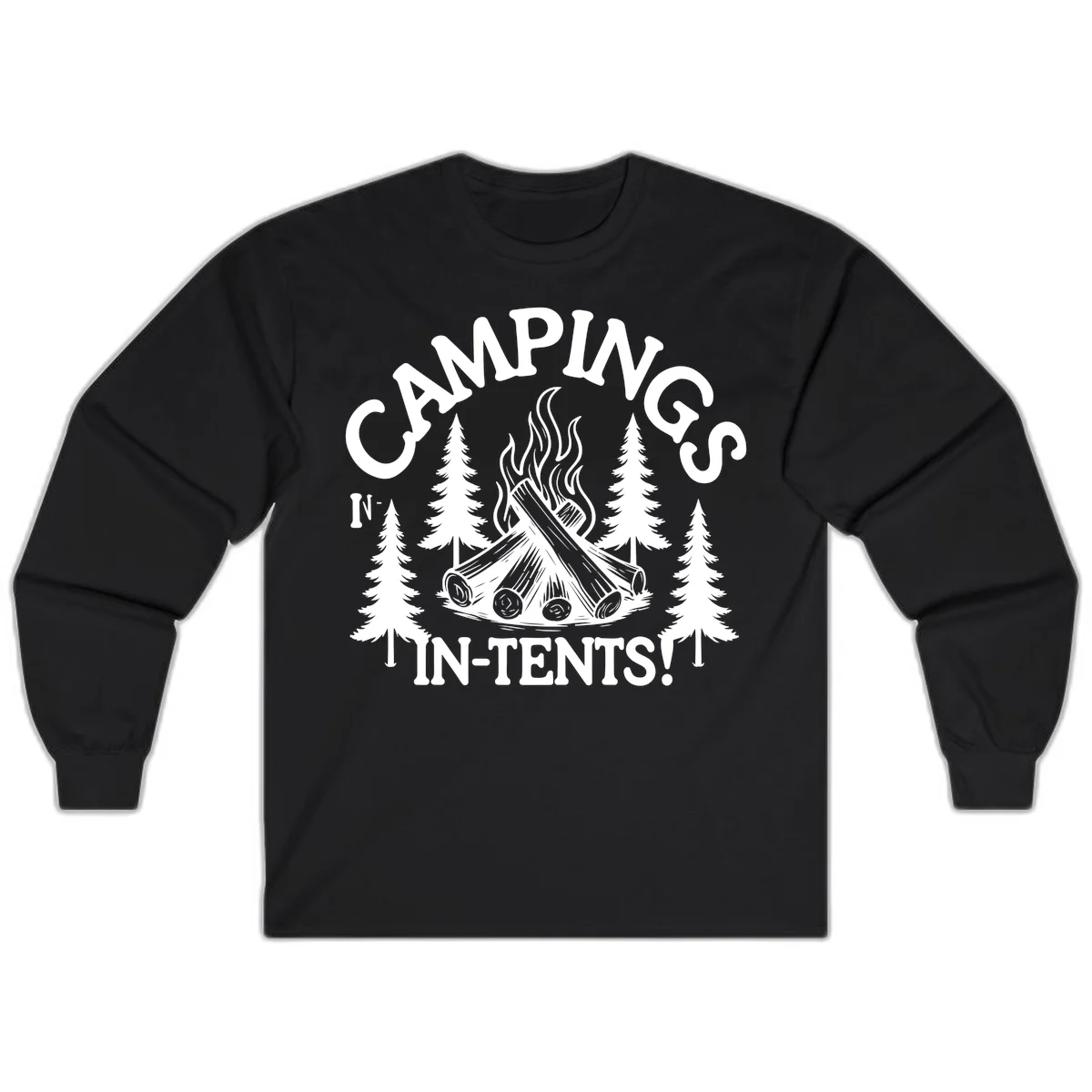 Camping in tents pun design with campfire, logs, flames, and evergreen trees in white on gray background in Black