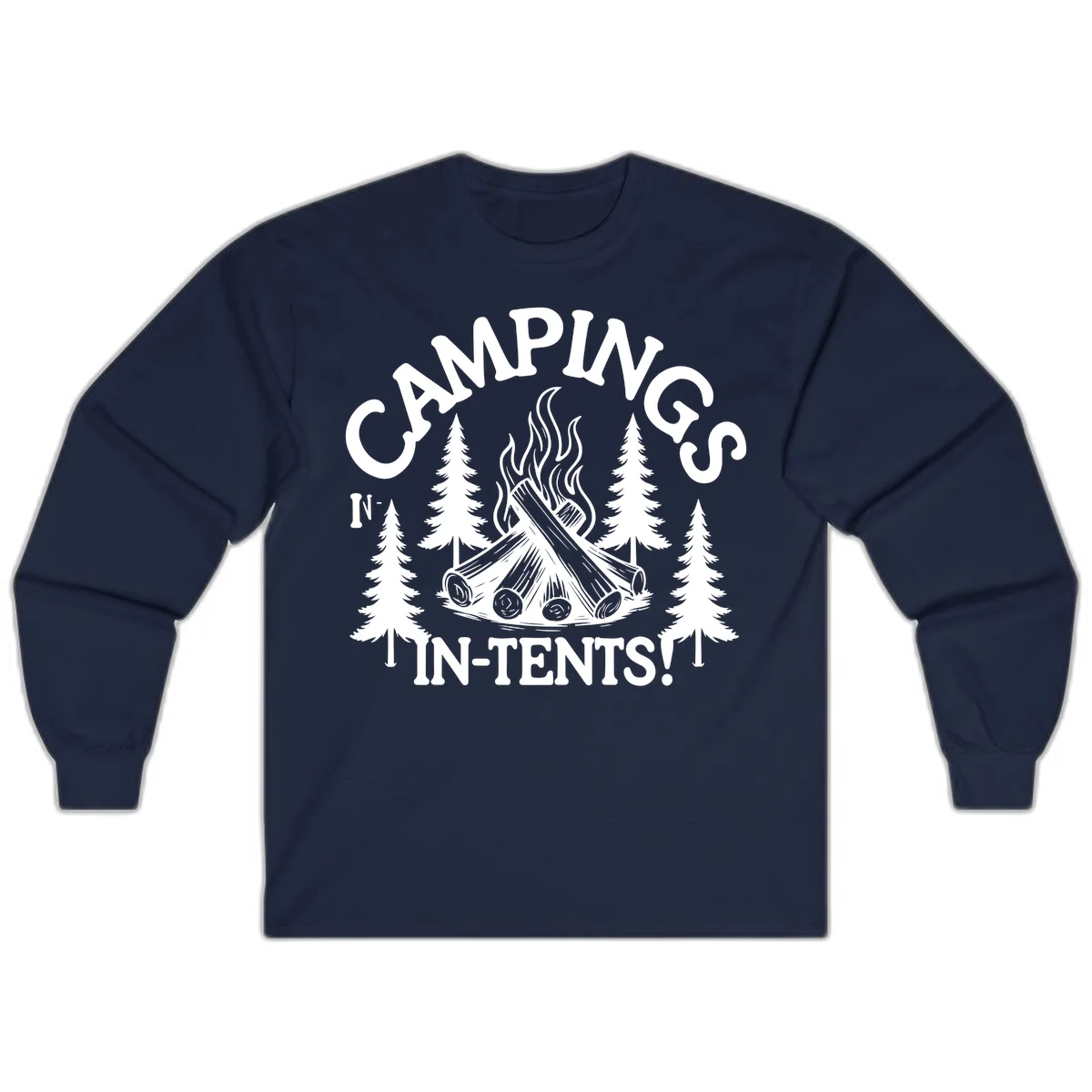 Camping in tents pun design with campfire, logs, flames, and evergreen trees in white on gray background in Navy