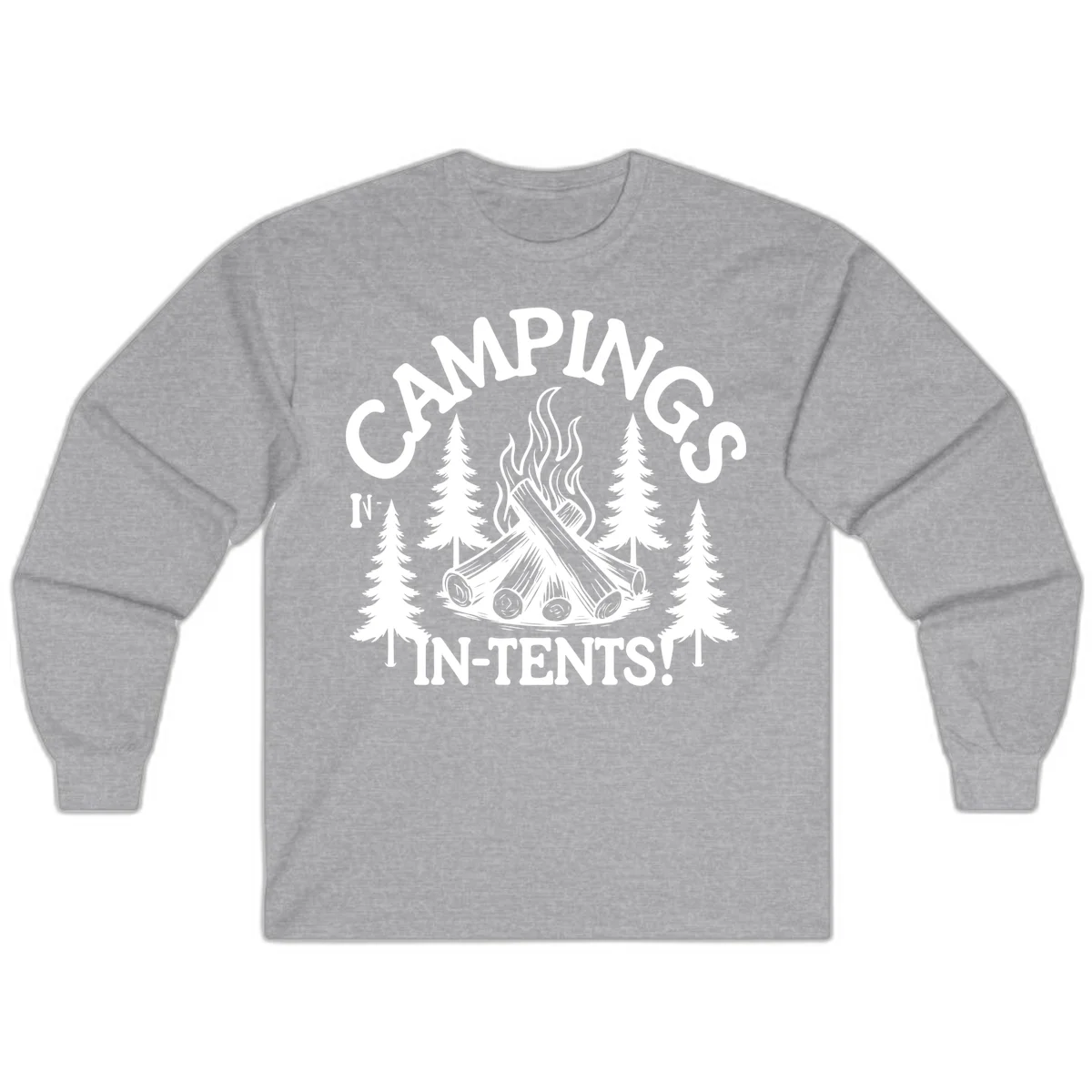 Camping in tents pun design with campfire, logs, flames, and evergreen trees in white on gray background in Sport Grey