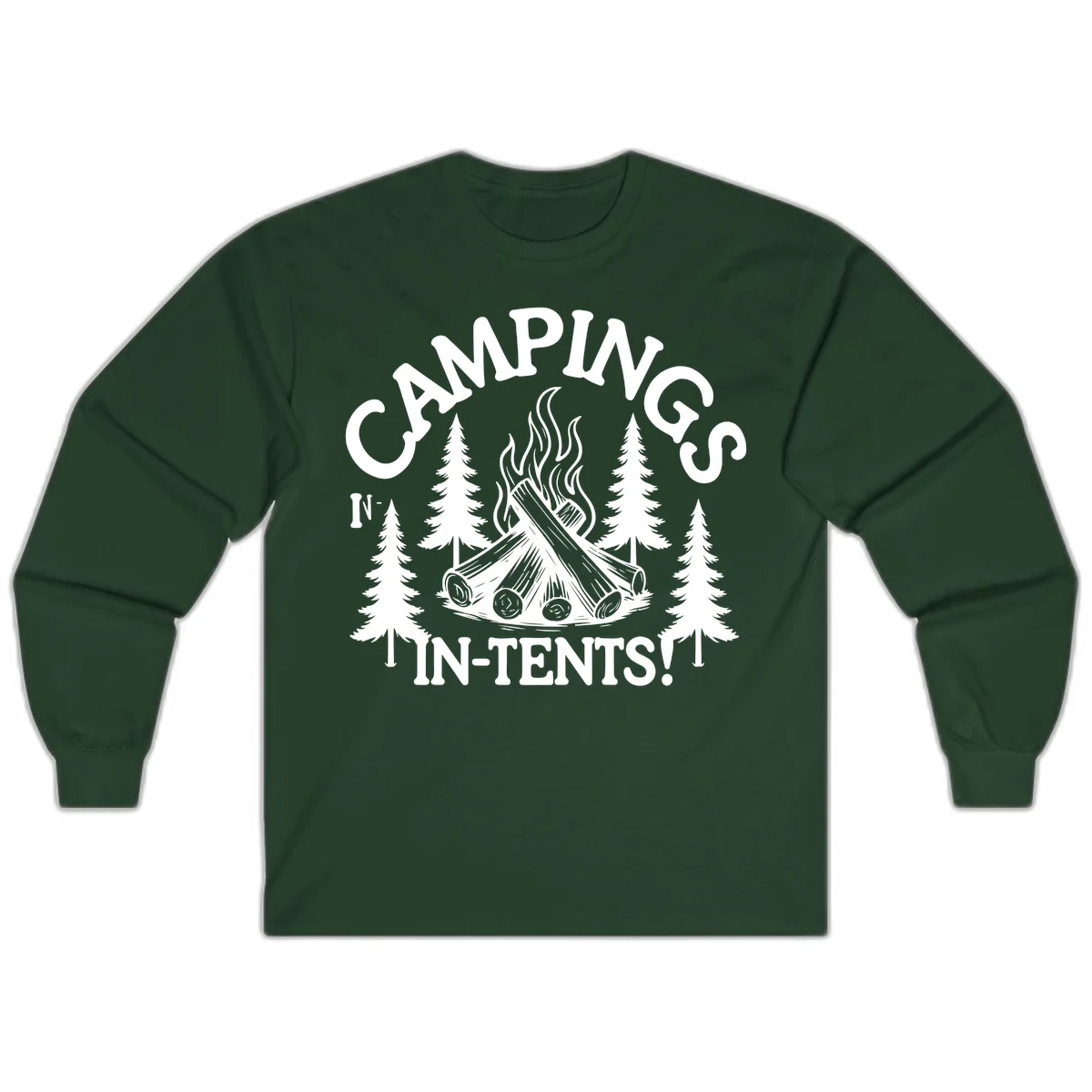 Camping in tents pun design with campfire, logs, flames, and evergreen trees in white on gray background in Forest Green