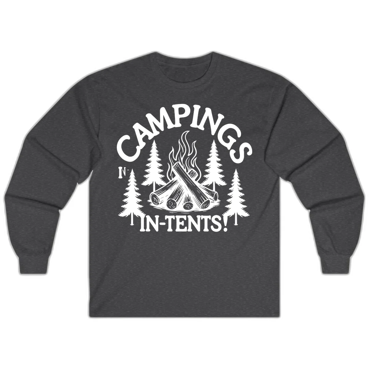 Camping in tents pun design with campfire, logs, flames, and evergreen trees in white on gray background in Dark Heather
