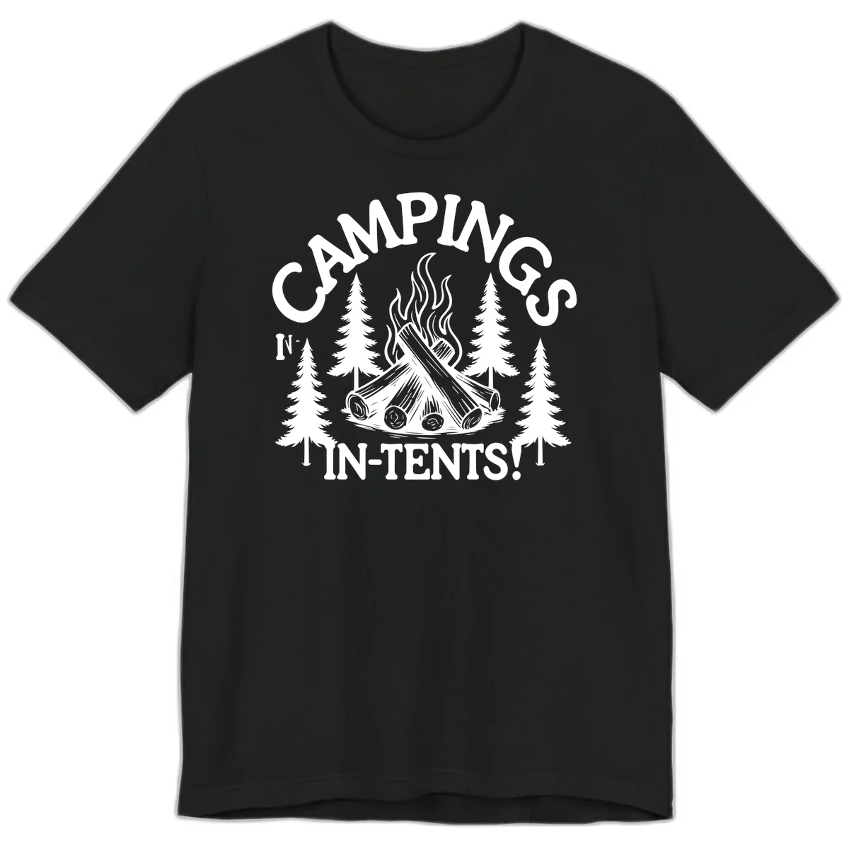 Camping in tents pun design with campfire, logs, flames, and evergreen trees in white on gray background in Black