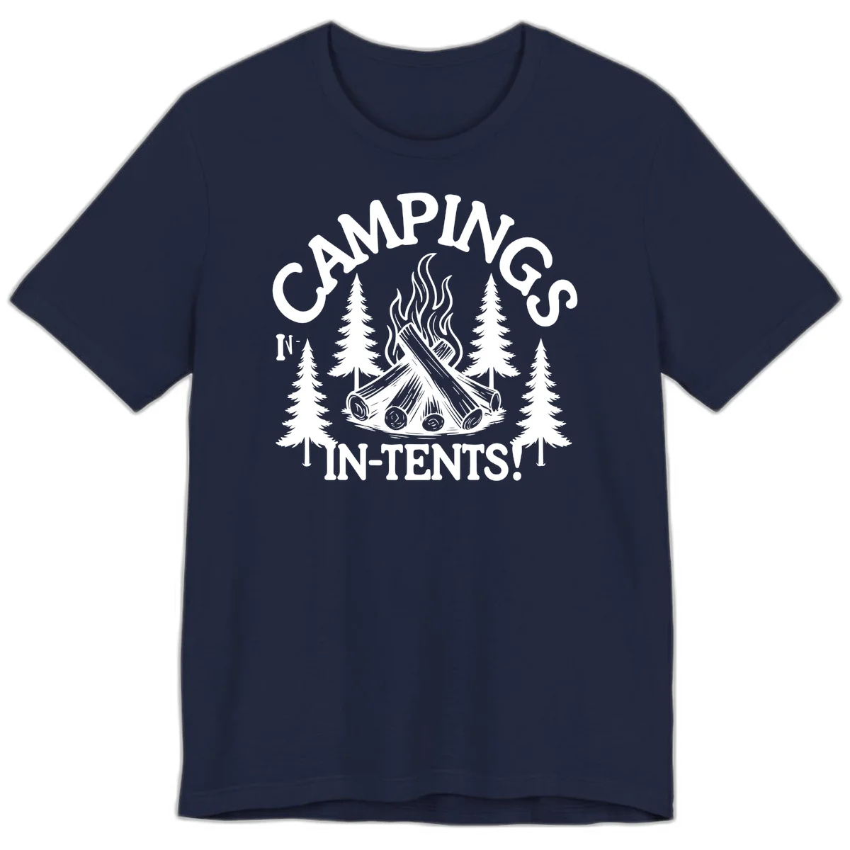 Camping in tents pun design with campfire, logs, flames, and evergreen trees in white on gray background in Navy