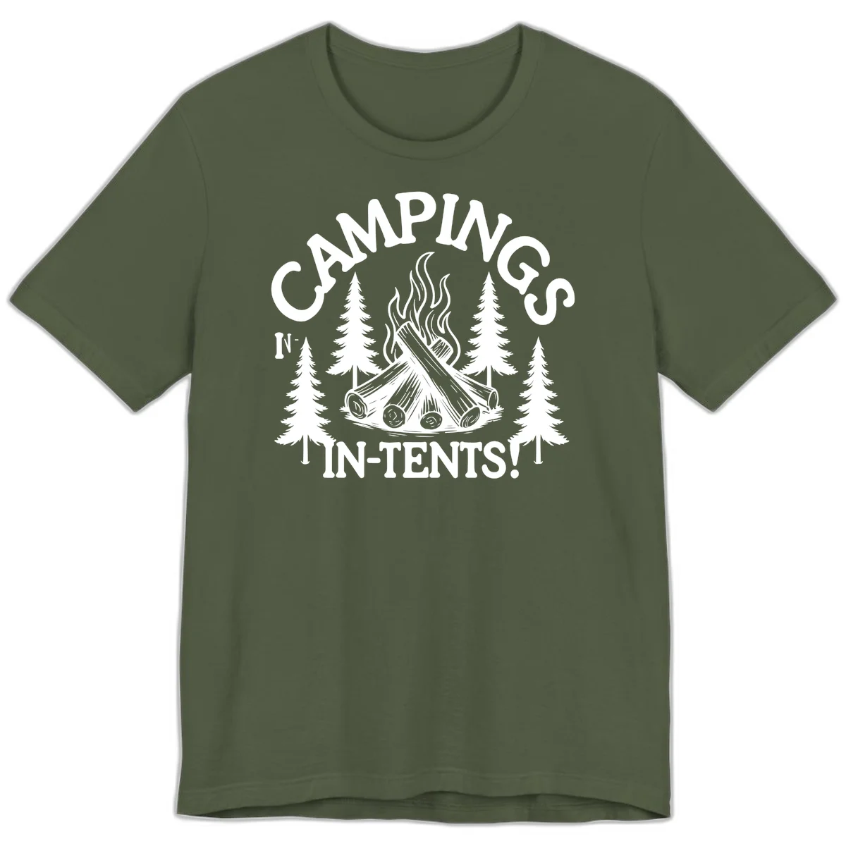 Camping in tents pun design with campfire, logs, flames, and evergreen trees in white on gray background in Military Green