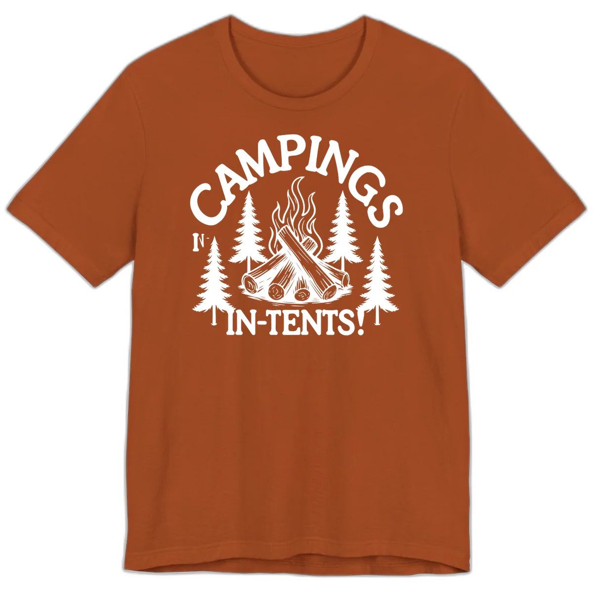 Camping in tents pun design with campfire, logs, flames, and evergreen trees in white on gray background in Autumn