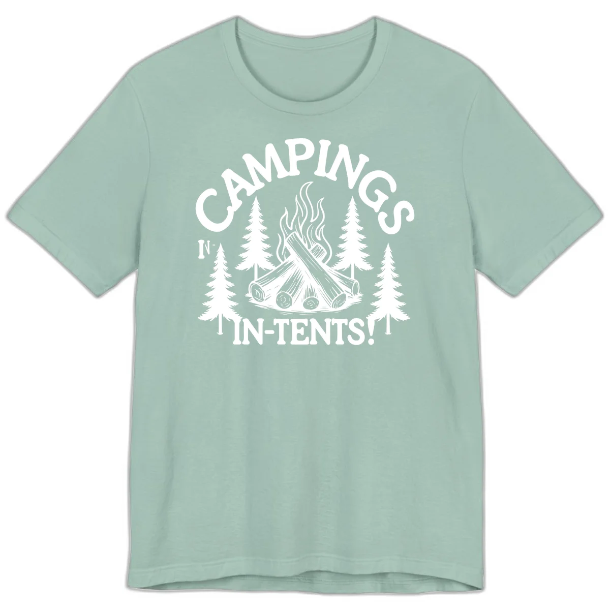 Camping in tents pun design with campfire, logs, flames, and evergreen trees in white on gray background in Dusty Blue