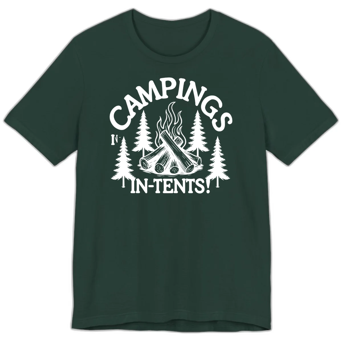 Camping in tents pun design with campfire, logs, flames, and evergreen trees in white on gray background in Forest