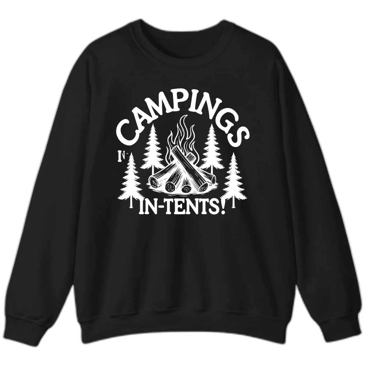 Camping in tents pun design with campfire, logs, flames, and evergreen trees in white on gray background in Black
