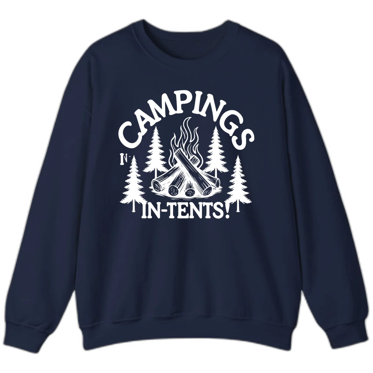 Camping in tents pun design with campfire, logs, flames, and evergreen trees in white on gray background in Navy