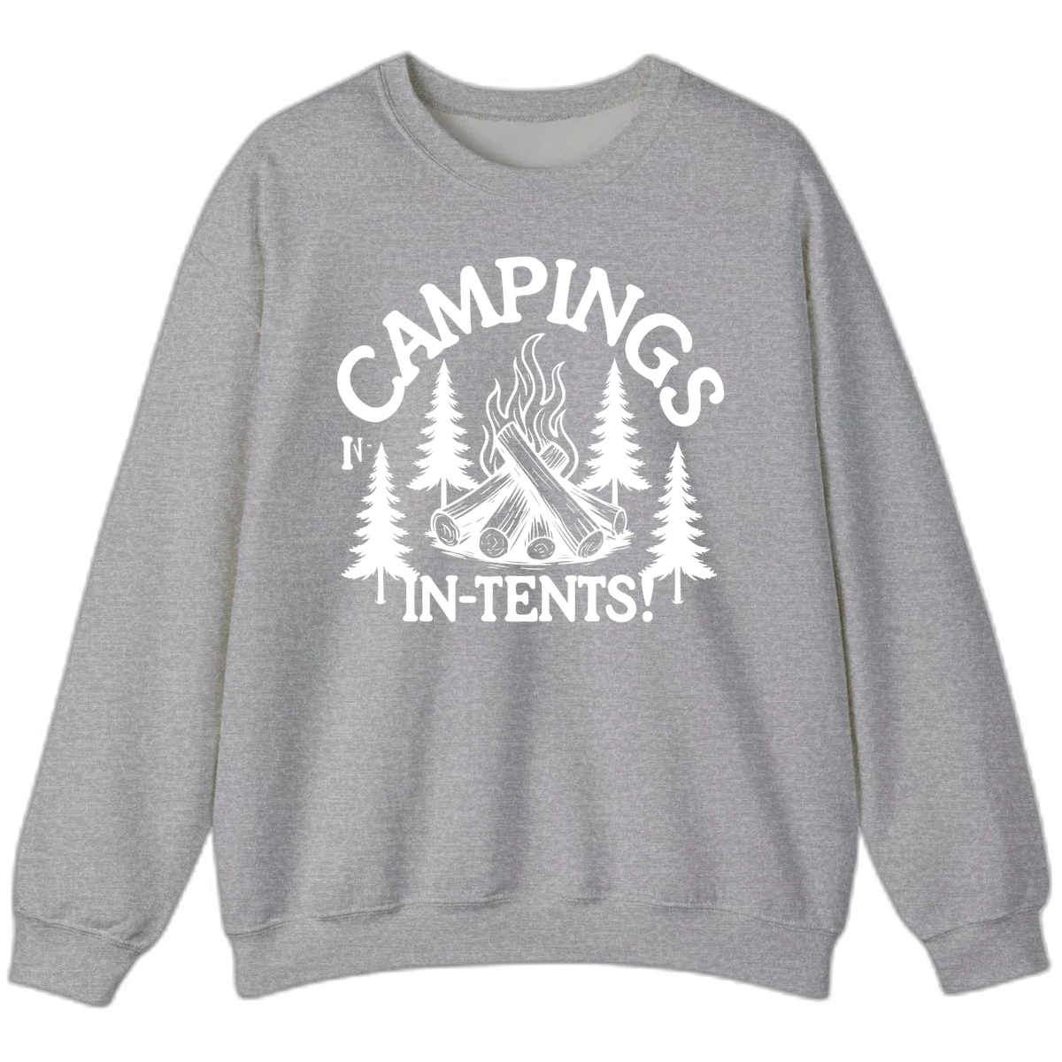 Camping in tents pun design with campfire, logs, flames, and evergreen trees in white on gray background in Sport Grey