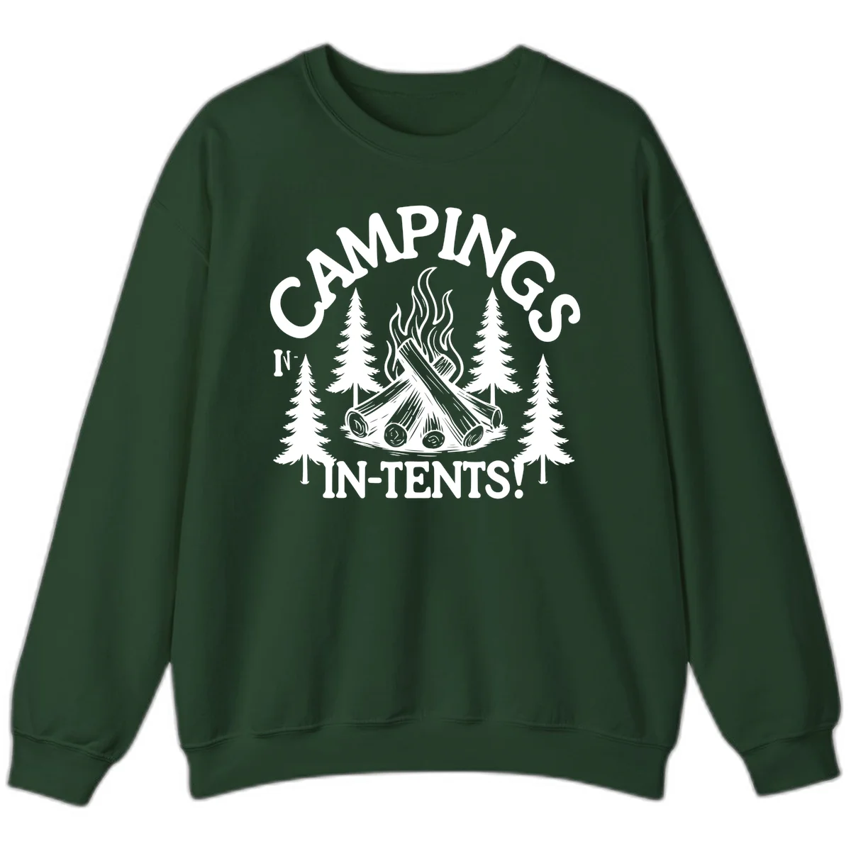Camping in tents pun design with campfire, logs, flames, and evergreen trees in white on gray background in Forest Green