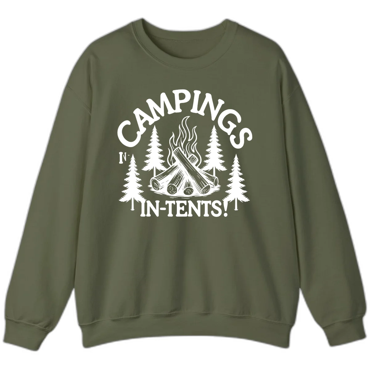 Camping in tents pun design with campfire, logs, flames, and evergreen trees in white on gray background in Military Green