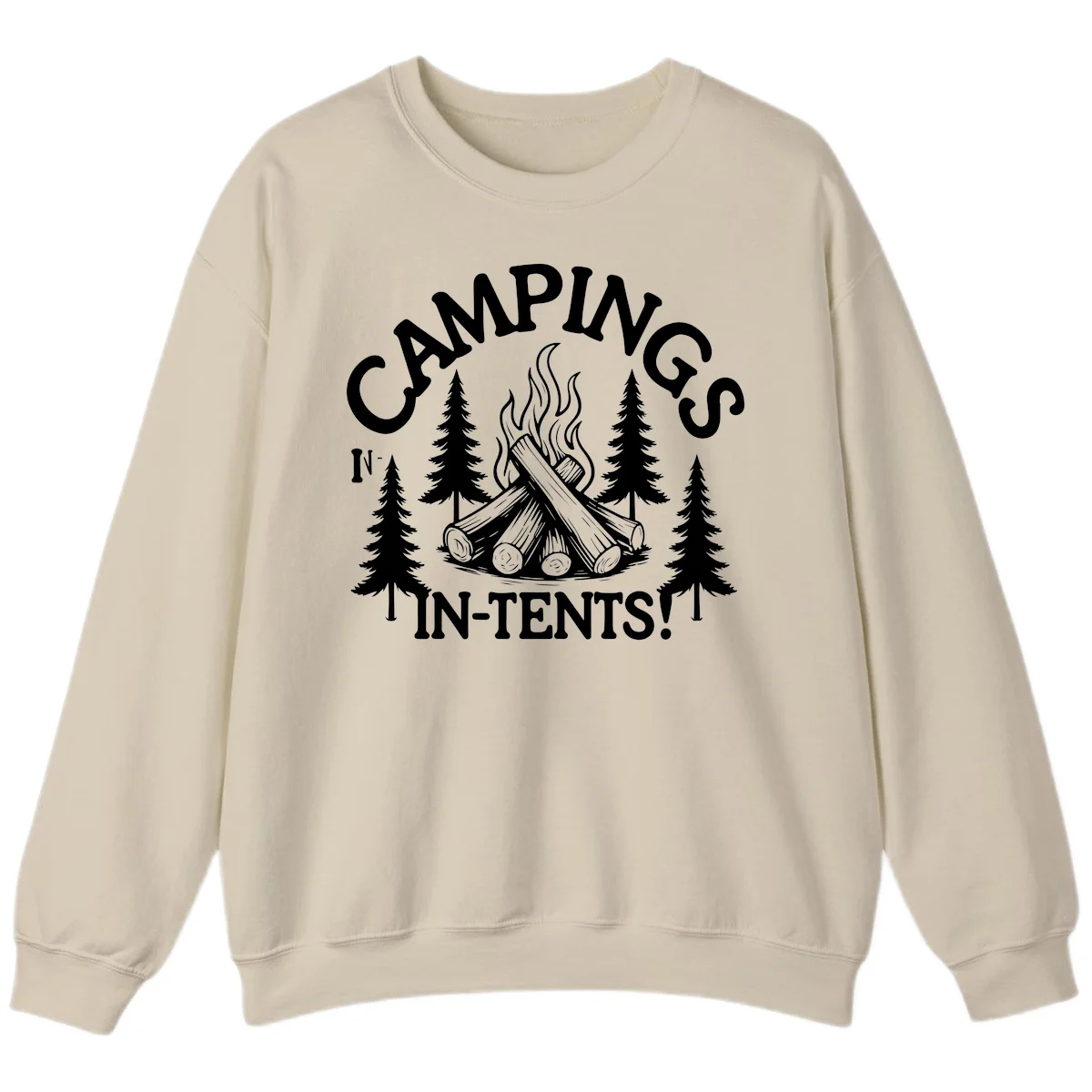 Camping in tents pun design with campfire, logs, flames, and evergreen trees in white on gray background in Sand