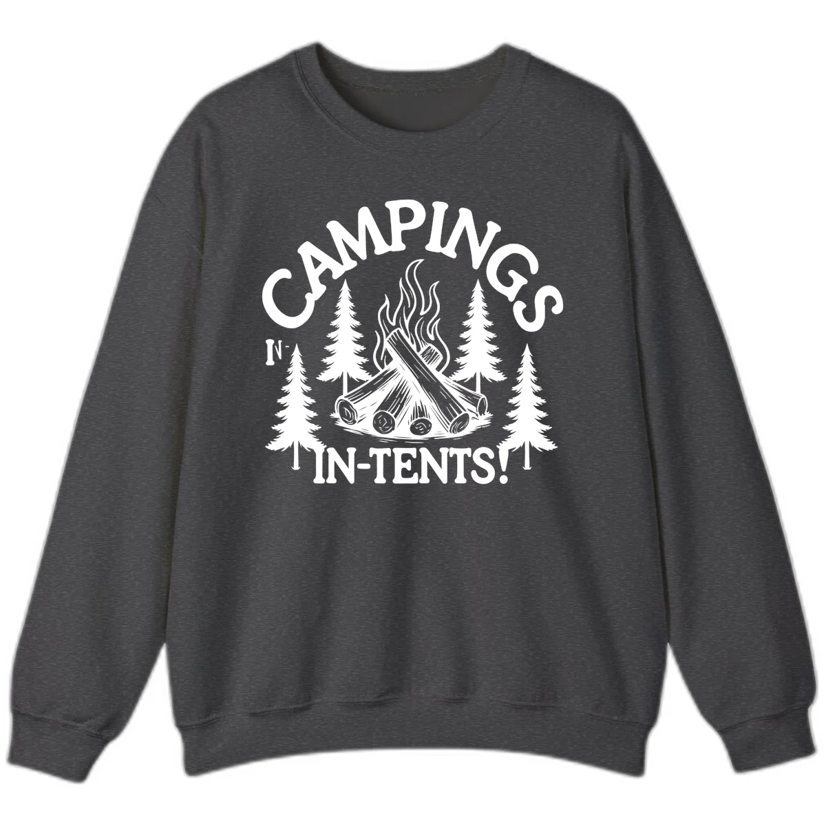 Camping in tents pun design with campfire, logs, flames, and evergreen trees in white on gray background in Dark Heather