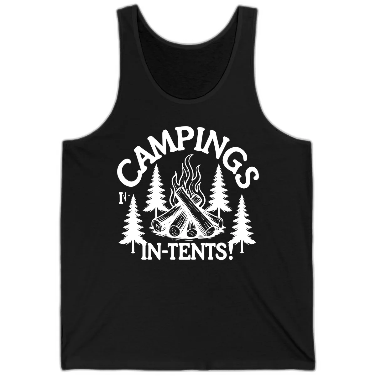Camping in tents pun design with campfire, logs, flames, and evergreen trees in white on gray background in Black