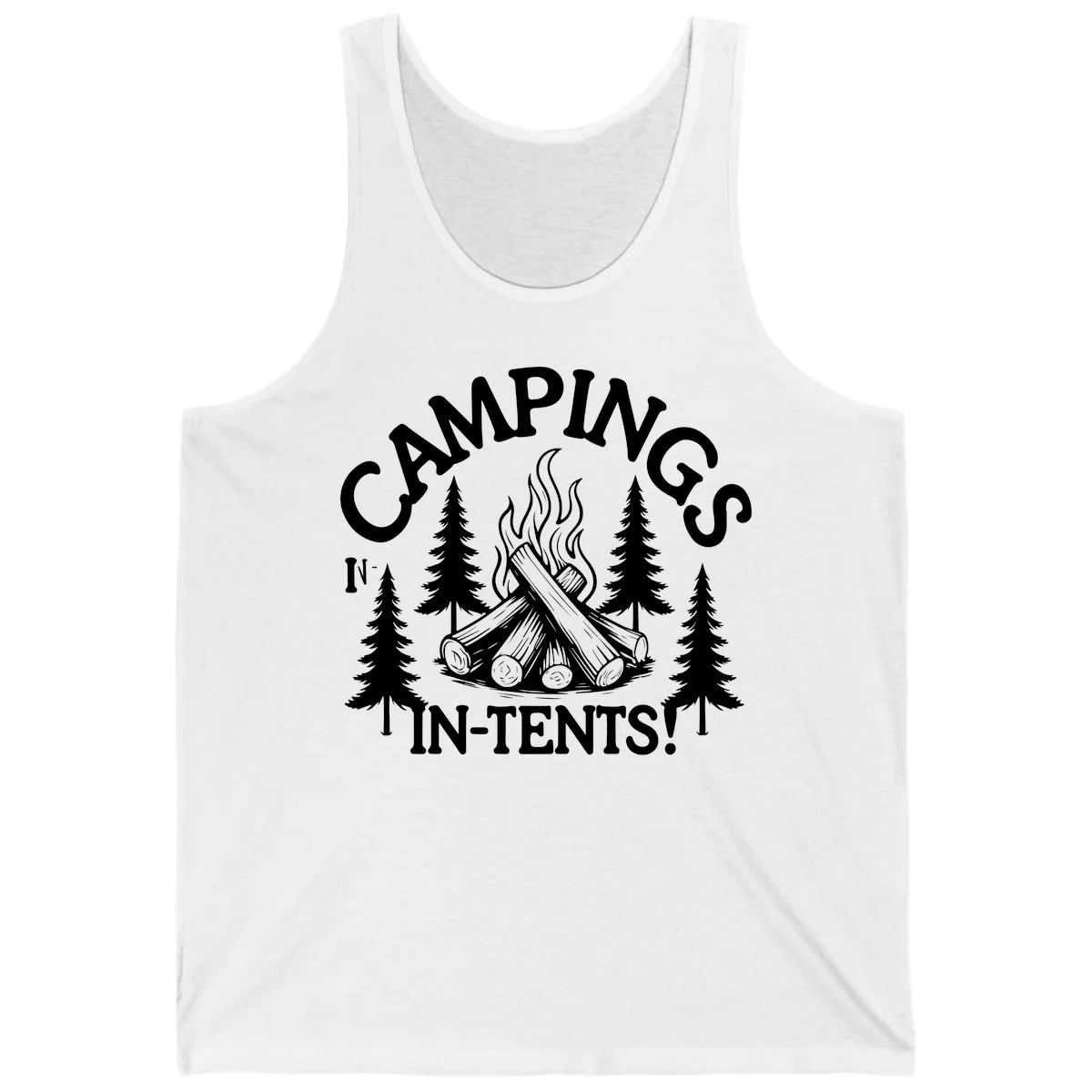Camping in tents pun design with campfire, logs, flames, and evergreen trees in white on gray background in White