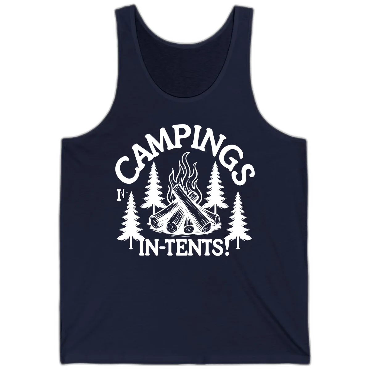 Camping in tents pun design with campfire, logs, flames, and evergreen trees in white on gray background in Navy