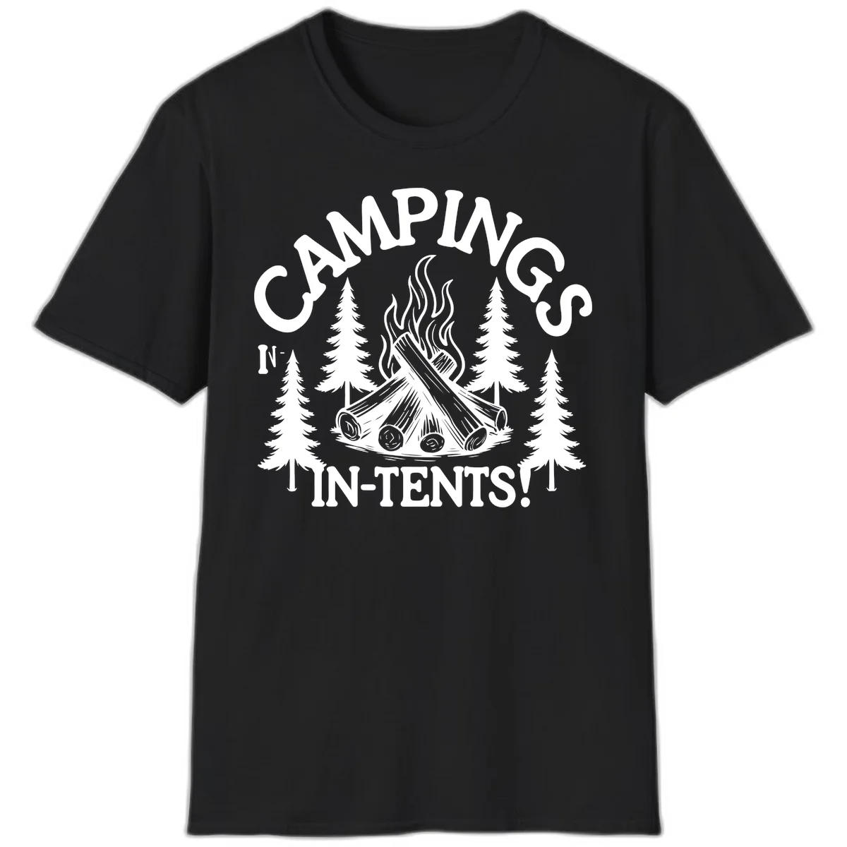 Camping in tents pun design with campfire, logs, flames, and evergreen trees in white on gray background in Black