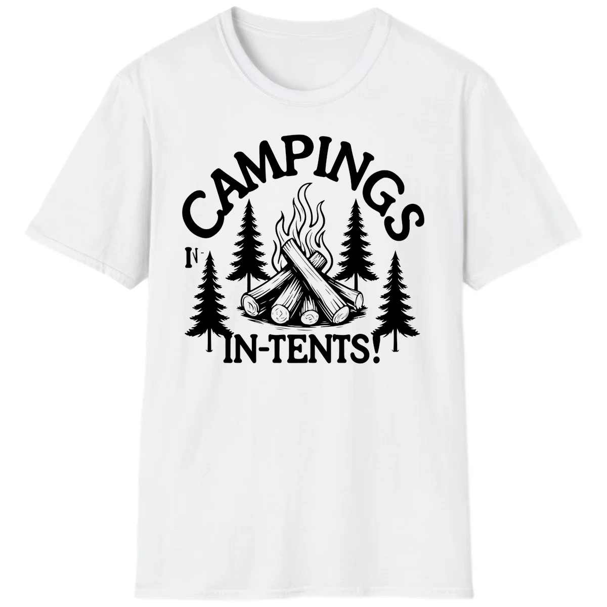 Camping in tents pun design with campfire, logs, flames, and evergreen trees in white on gray background in White