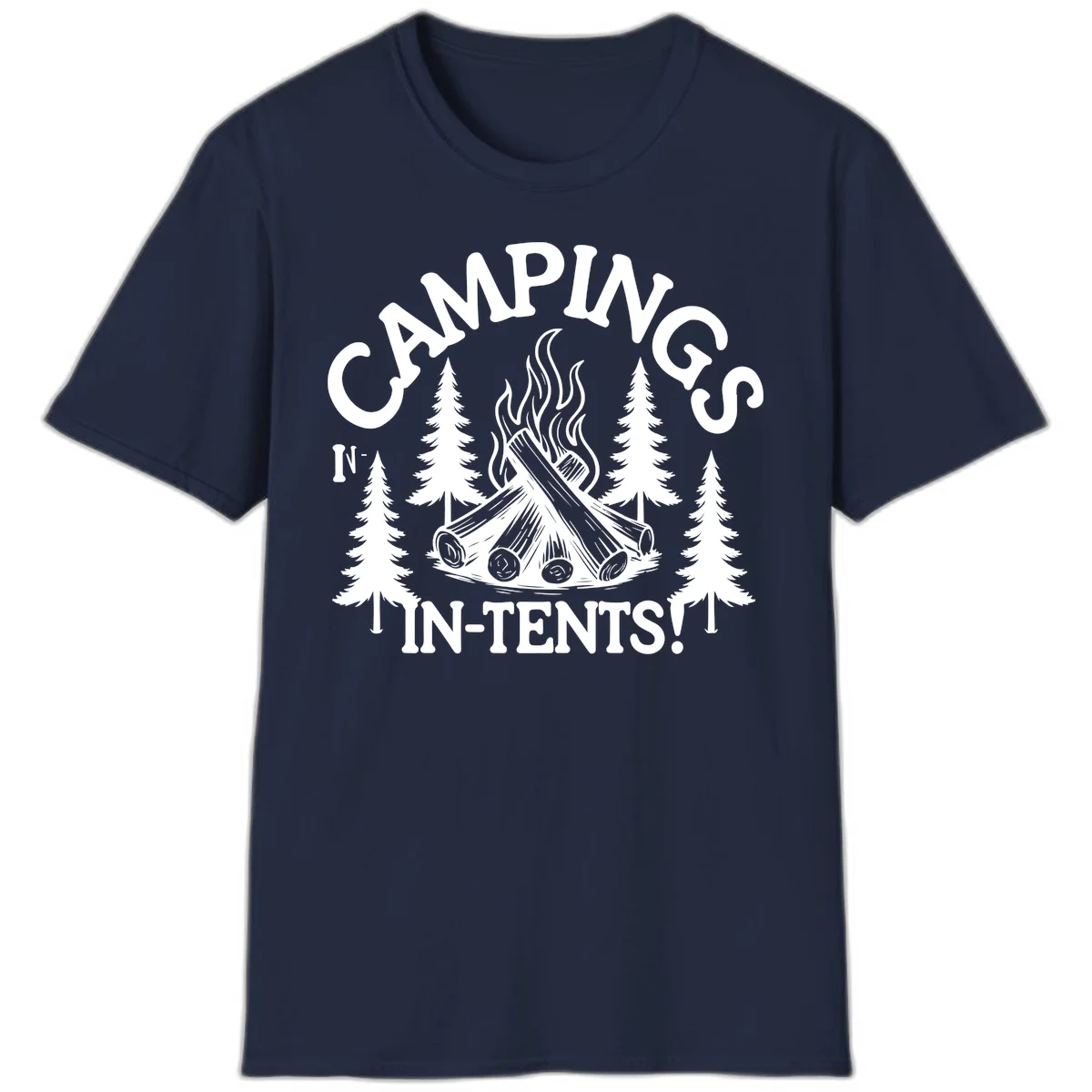 Camping in tents pun design with campfire, logs, flames, and evergreen trees in white on gray background in Navy