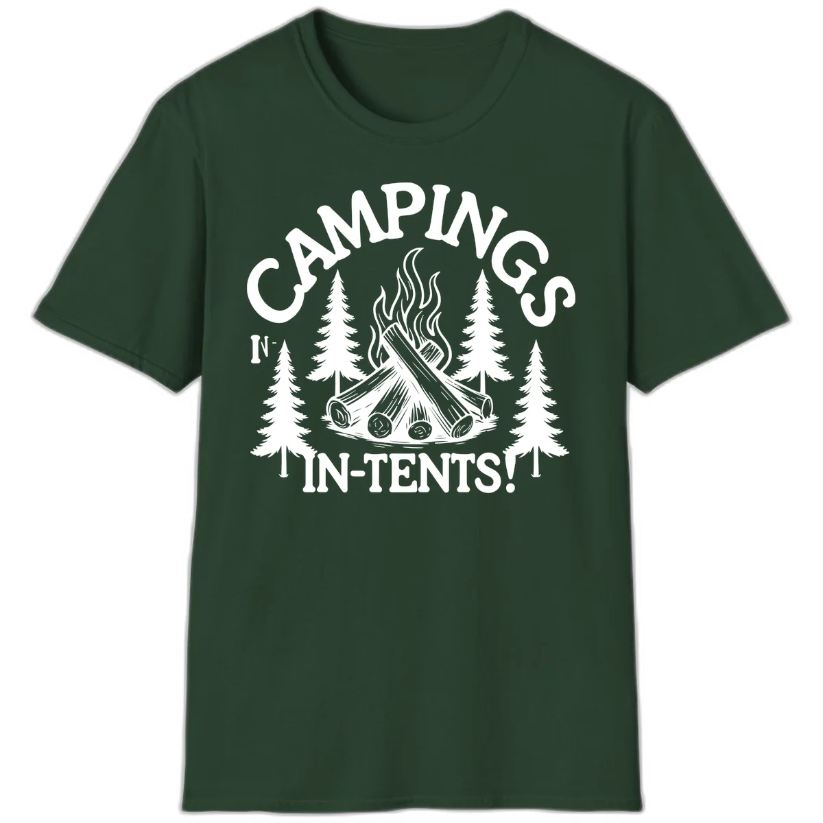 Camping in tents pun design with campfire, logs, flames, and evergreen trees in white on gray background in Forest Green