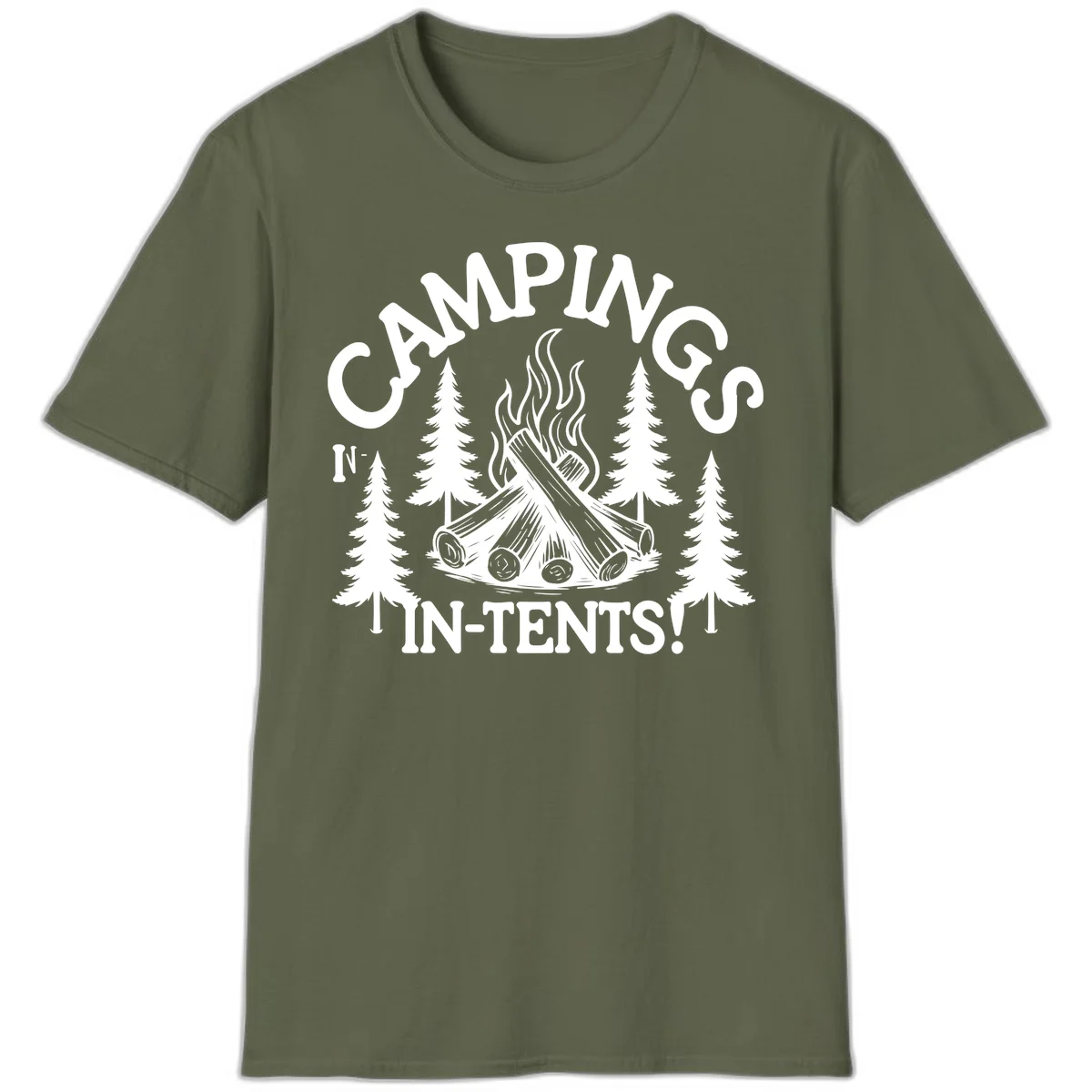 Camping in tents pun design with campfire, logs, flames, and evergreen trees in white on gray background in Military Green