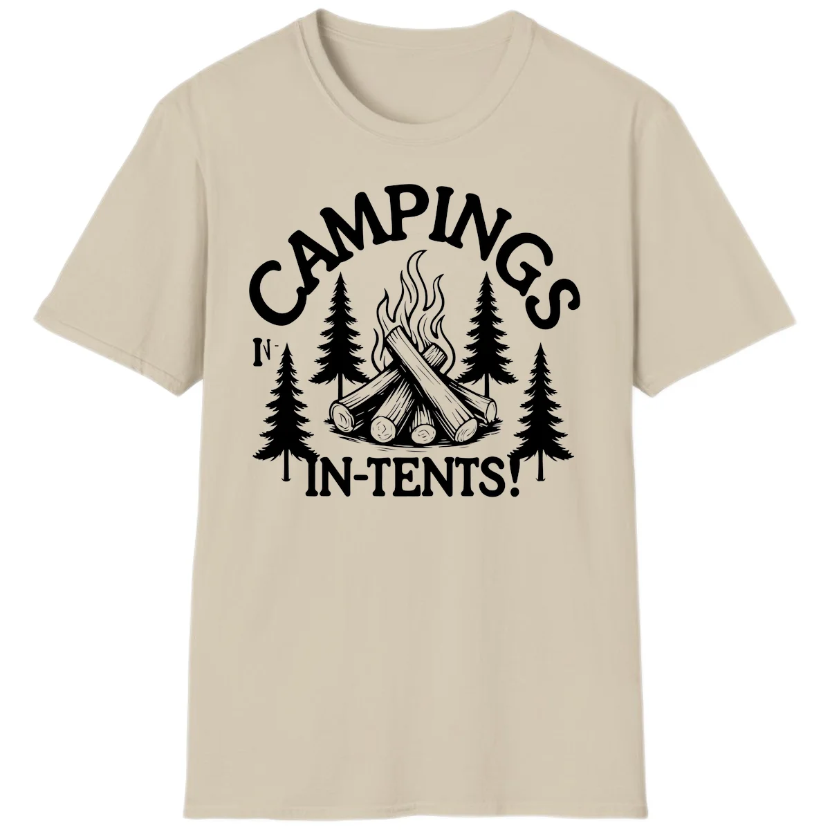 Camping in tents pun design with campfire, logs, flames, and evergreen trees in white on gray background in Sand