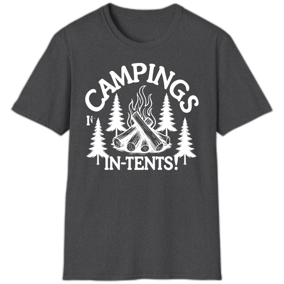 Camping in tents pun design with campfire, logs, flames, and evergreen trees in white on gray background in Dark Heather