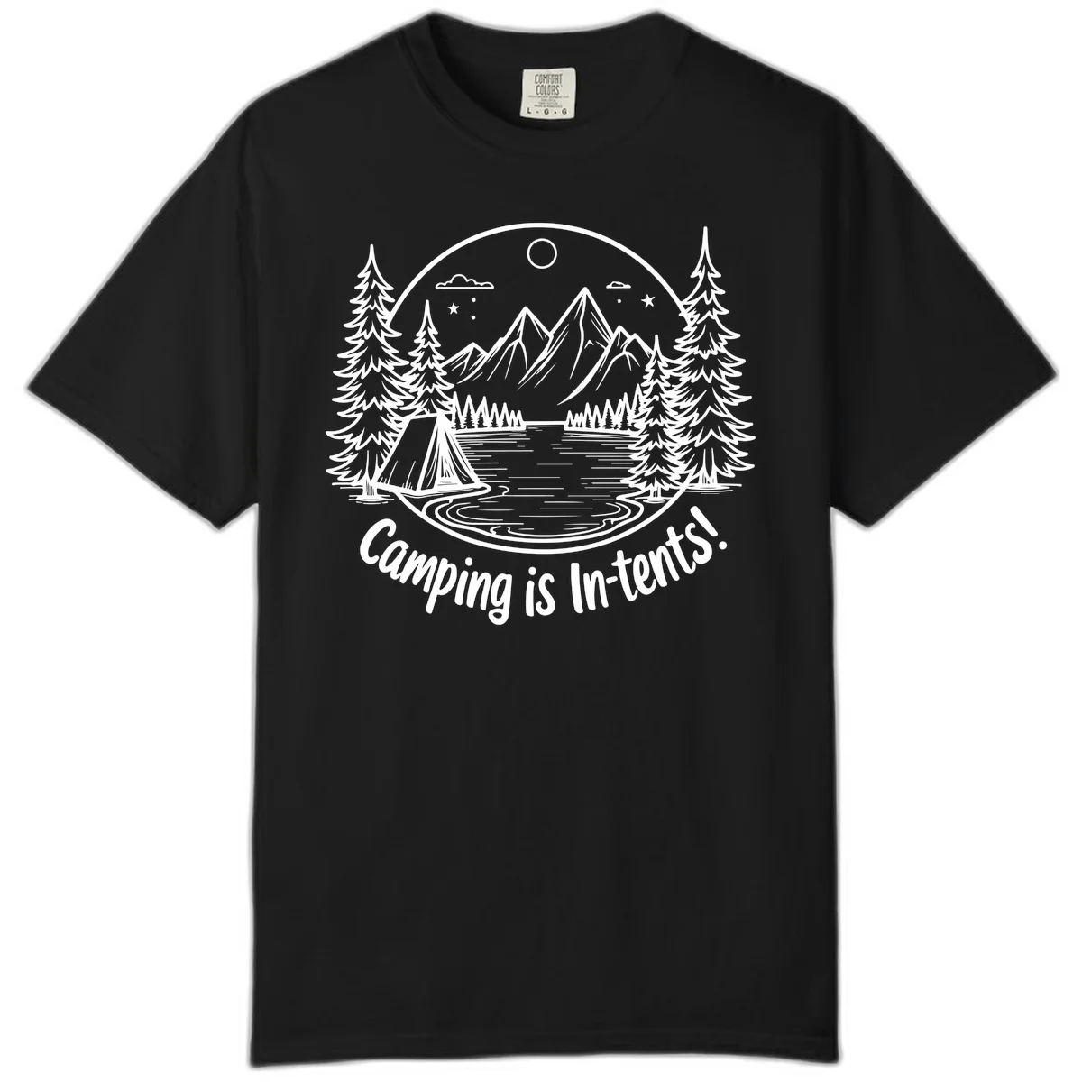 Camping is in-tents pun design: A circular badge with a tent by a lake surrounded by mountains, evergreens, and stars. in Black