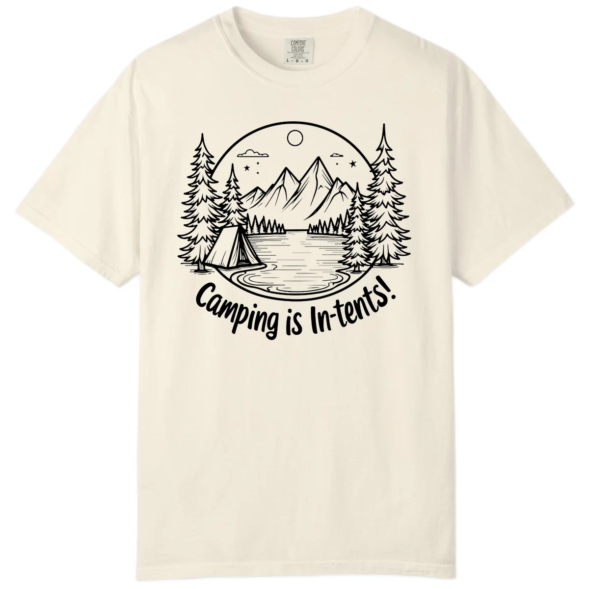 Camping is in-tents pun design: A circular badge with a tent by a lake surrounded by mountains, evergreens, and stars. in Ivory