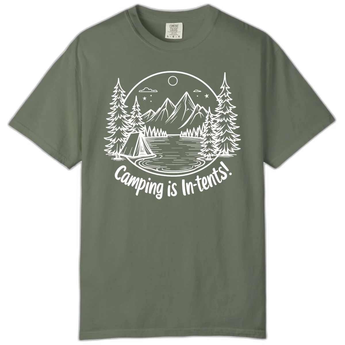 Camping is in-tents pun design: A circular badge with a tent by a lake surrounded by mountains, evergreens, and stars. in Moss