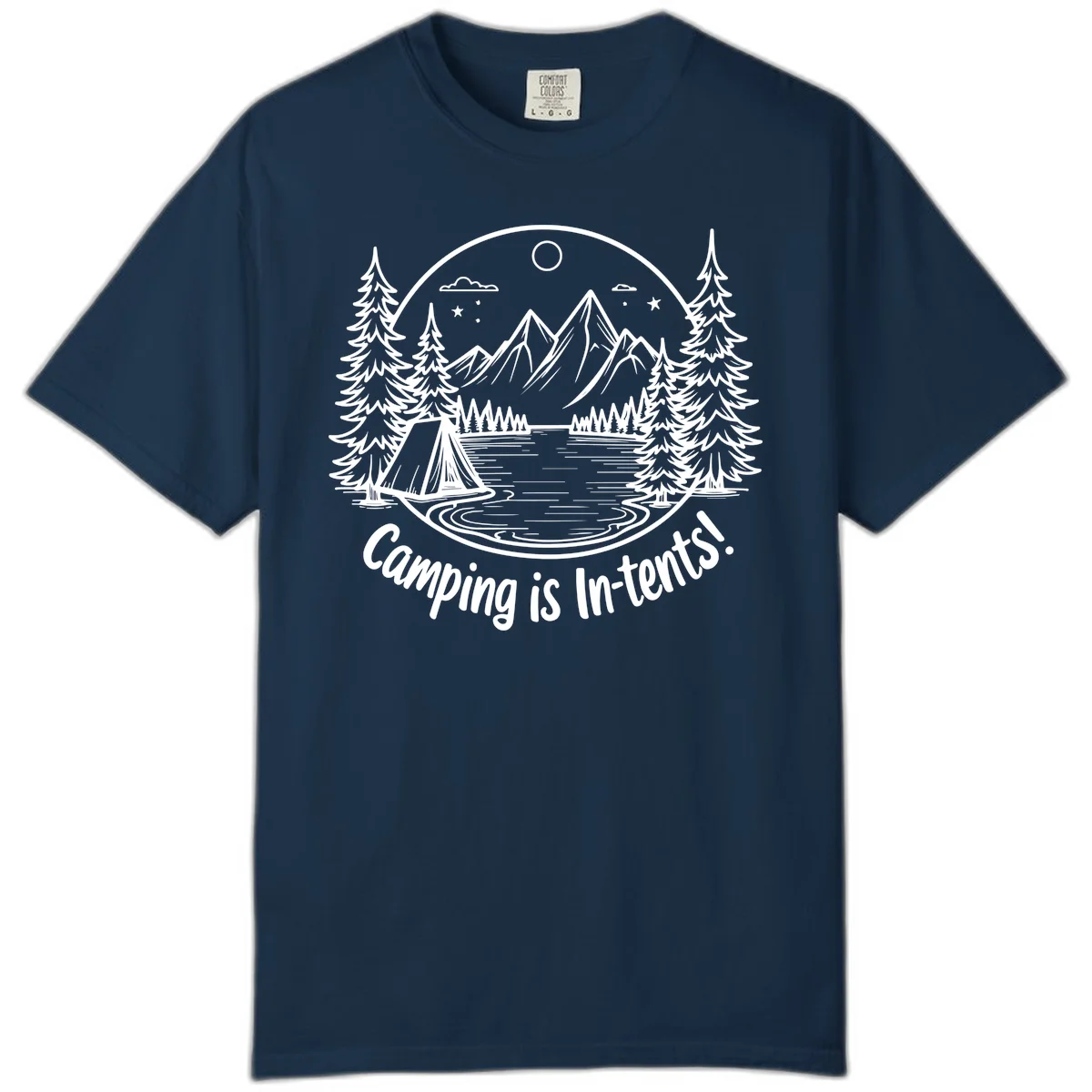Camping is in-tents pun design: A circular badge with a tent by a lake surrounded by mountains, evergreens, and stars. in True Navy