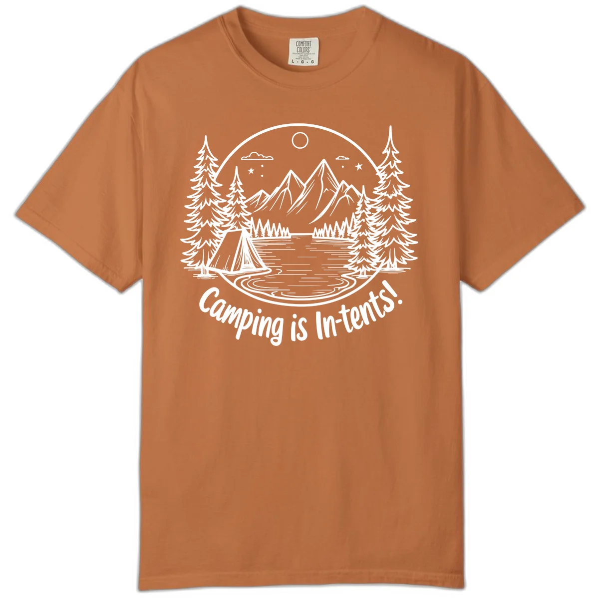 Camping is in-tents pun design: A circular badge with a tent by a lake surrounded by mountains, evergreens, and stars. in Yam