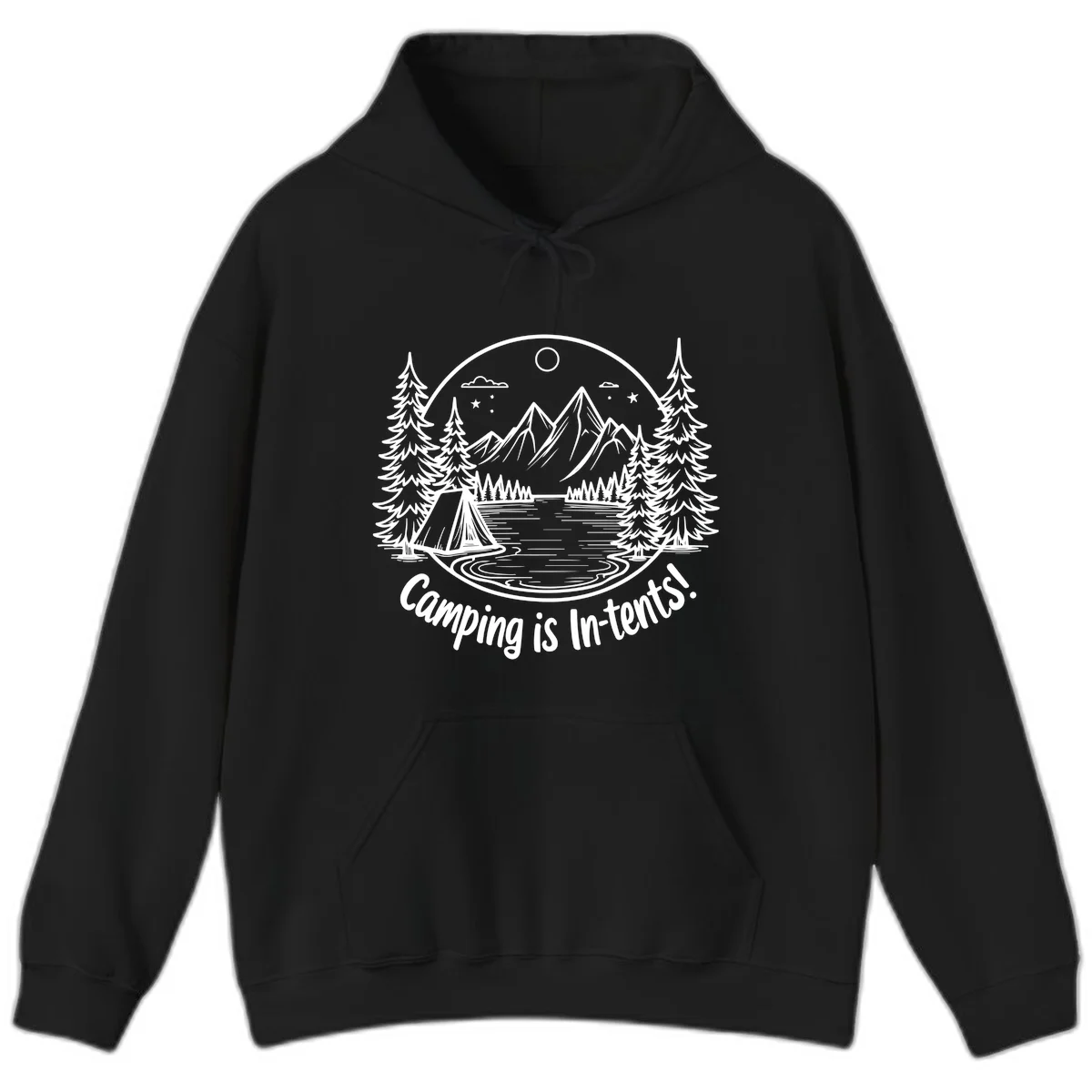 Camping is in-tents pun design: A circular badge with a tent by a lake surrounded by mountains, evergreens, and stars. in Black