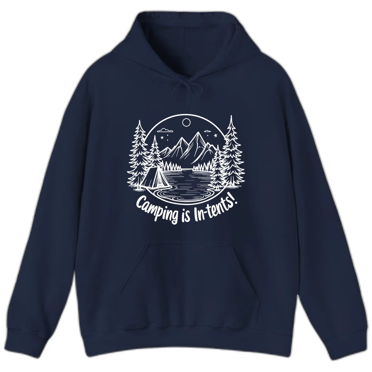Camping is in-tents pun design: A circular badge with a tent by a lake surrounded by mountains, evergreens, and stars. in Navy