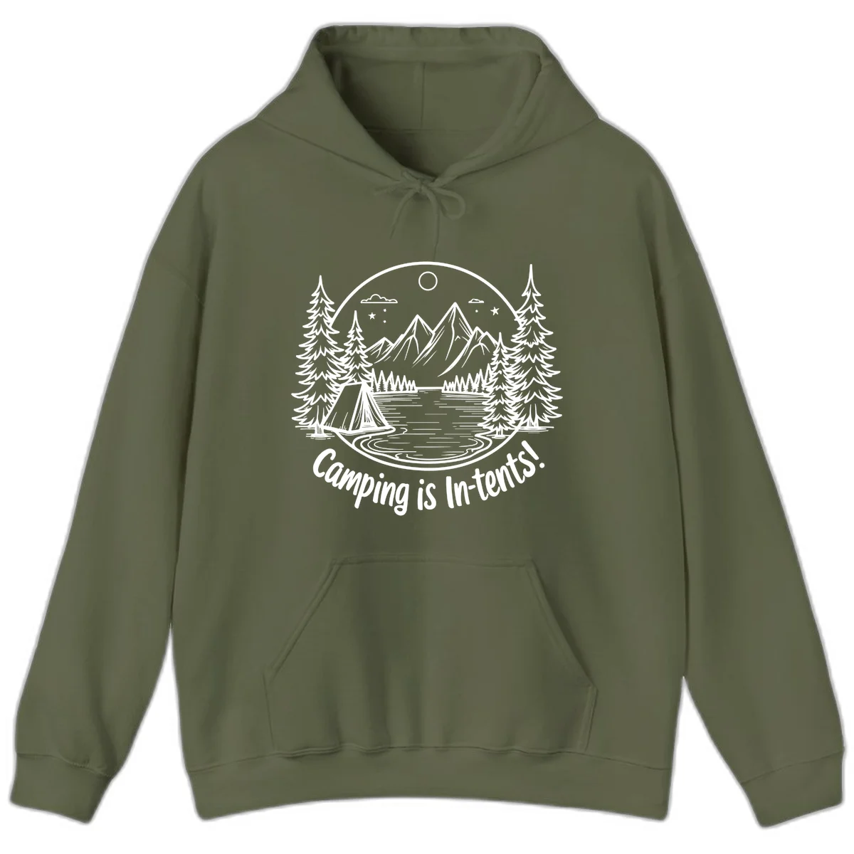 Camping is in-tents pun design: A circular badge with a tent by a lake surrounded by mountains, evergreens, and stars. in Military Green